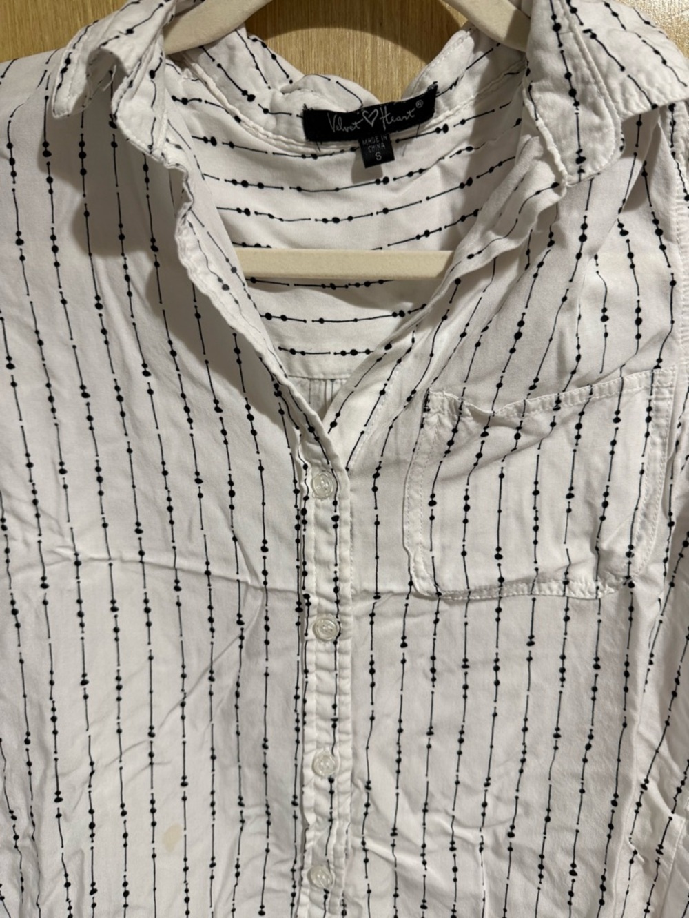 Velvet Heart White Button-Down Shirt with Black Dot Stripe - Women